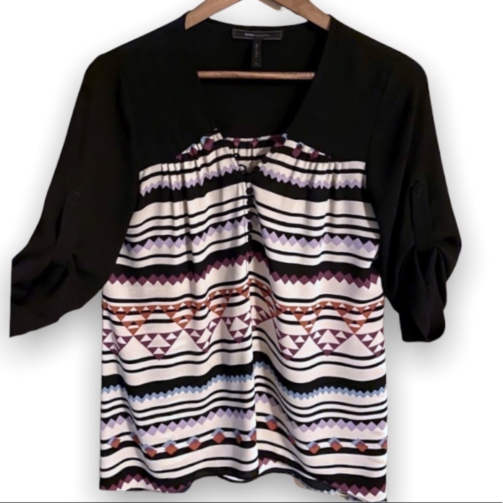 BCBG Blouse, 3/4 button up sleeve, geometric design.